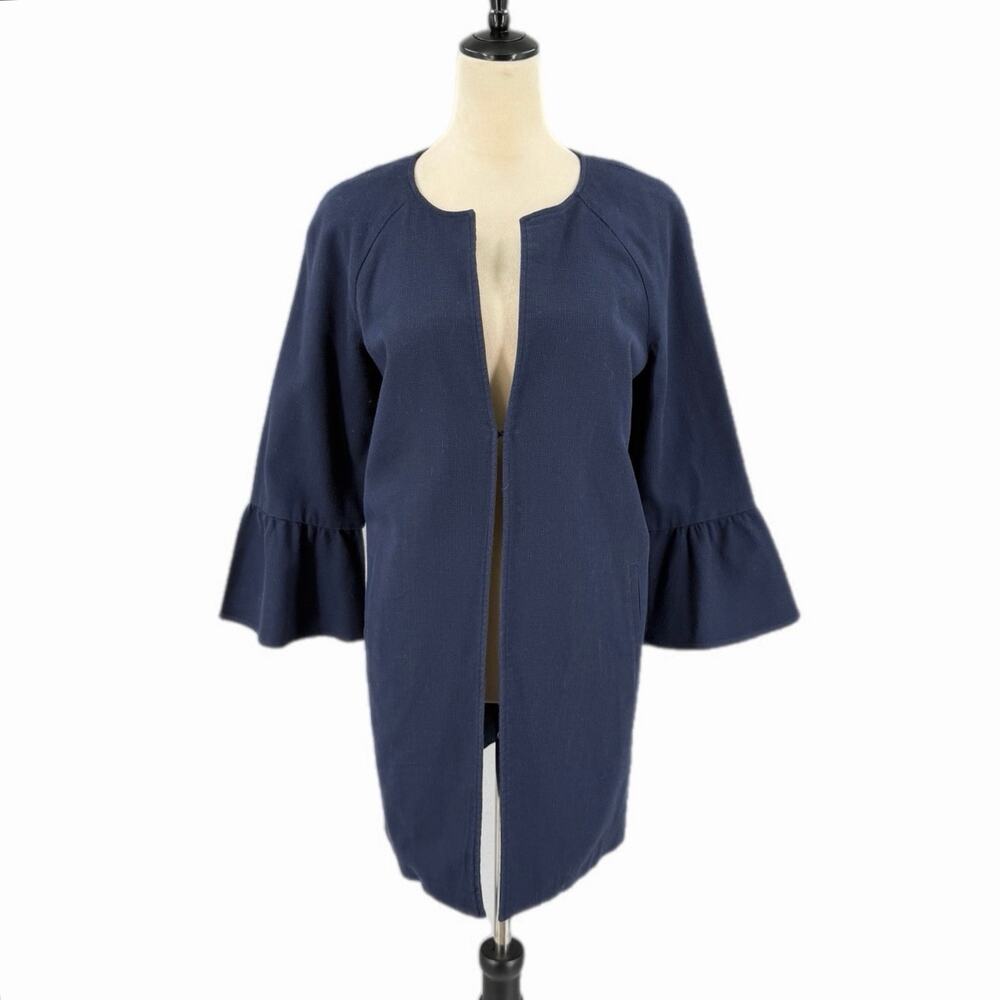 Chico’s Sz 1 Navy Blue Cotton Topper Long Classic Layering Professional Jacket